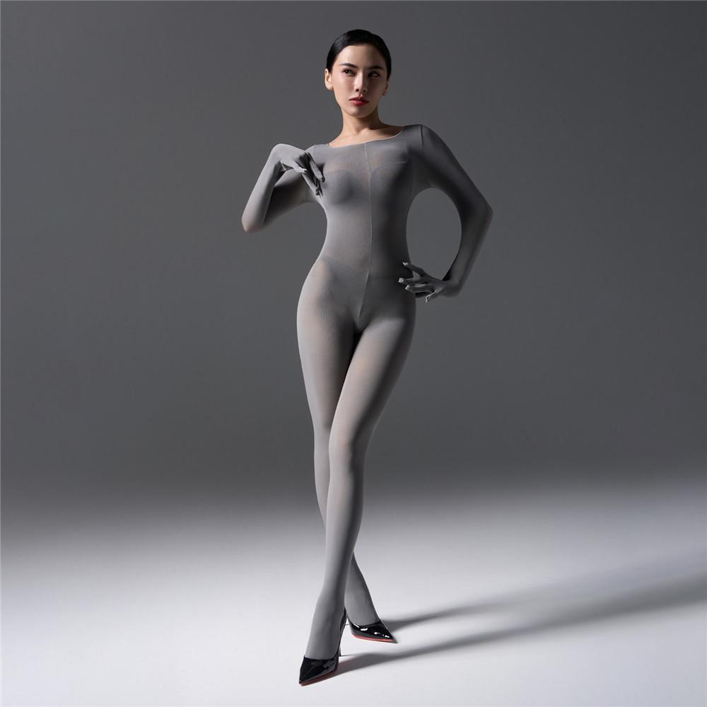 Sexy Women 120D Tights Hooded Mask Elastic Bodysuit Sheer See Through Rompers Glove Jumpsuits Cosplay Maid Leotard
