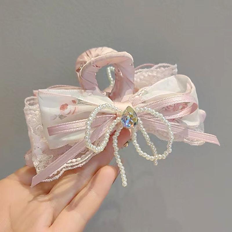 Elegant Pearl Rhinestone Bow Claw Clip: High-End Women's Shark Clip for Voluminous Updos