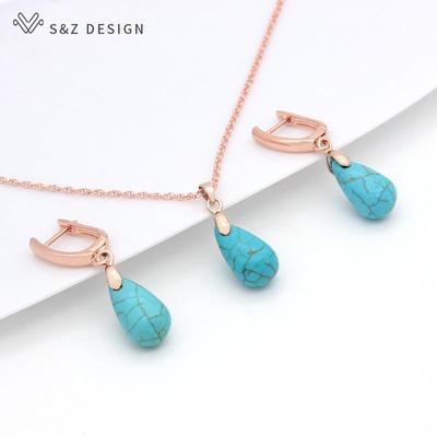 Vintage Fine Rose Gold Color Water Drop Imitation Turquoises Drop Earrings Jewelry Sets For Women Wedding Fashion Pendant Necklace