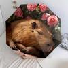 Capybara and Rose Pattern, Automatic Folding Umbrella, Portable and Foldable Design, 8 Ribs, a Christmas or Birthday Gift.