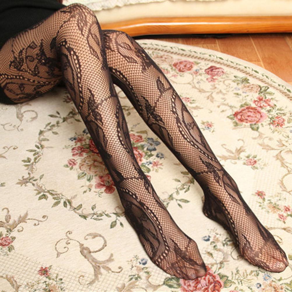 Women Vintage Tattoo Lace Pantyhose Sexy Black Tight Flowers Mesh Stockings