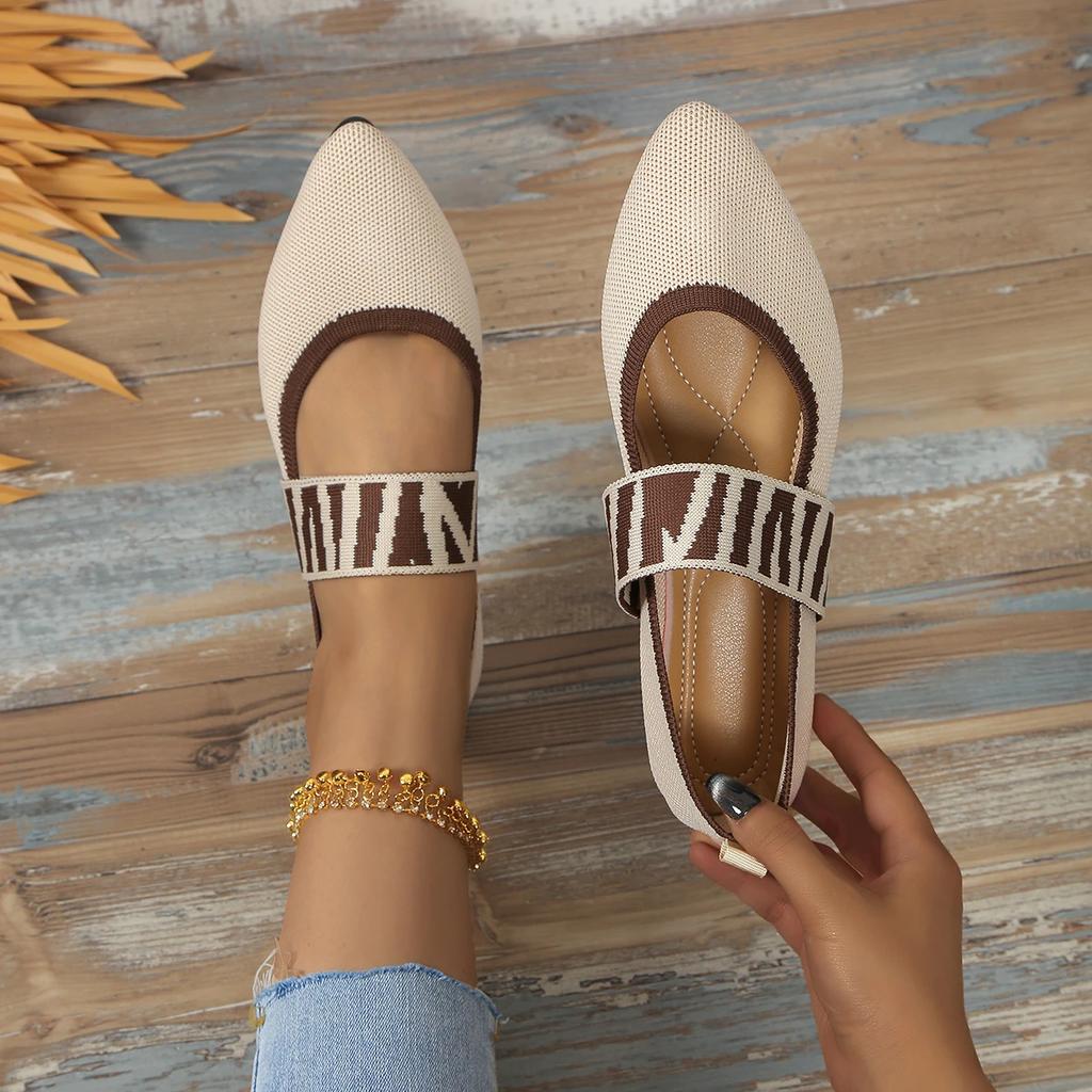 Modische Ballerinas Damen Frühling Herbst Lässig Strick Slip-on Niedrige Absätze Spitzschuhe für Frauen Freizeitschuhe Frau Übergröße