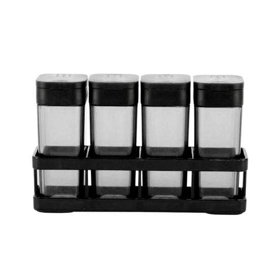 Noir Theory 4-Piece Plastic Spice Jars Set with Tray One-Handed Slide Lid Transparent Containers Compact Countertop Organizer for Salt, Pepper,