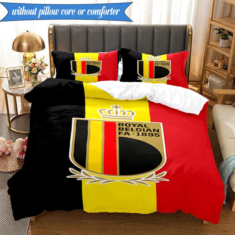 3PCS Belgian Football Association Emblem Bedding Set 2D Printing (Includes 1 Duvet Cover + 2 Pillowcases Coreless), Bedroom decor,Fan gift