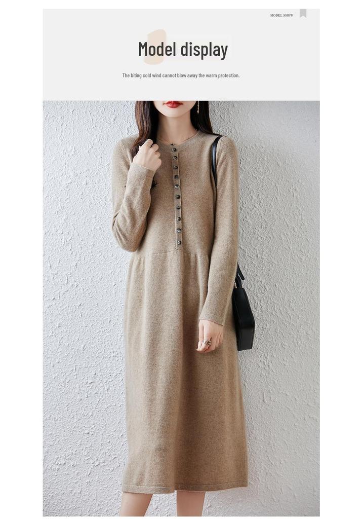 Women's Long Loose Pure Wool Knit Dress - Single-Breasted Round Neck for Autumn and Winter.