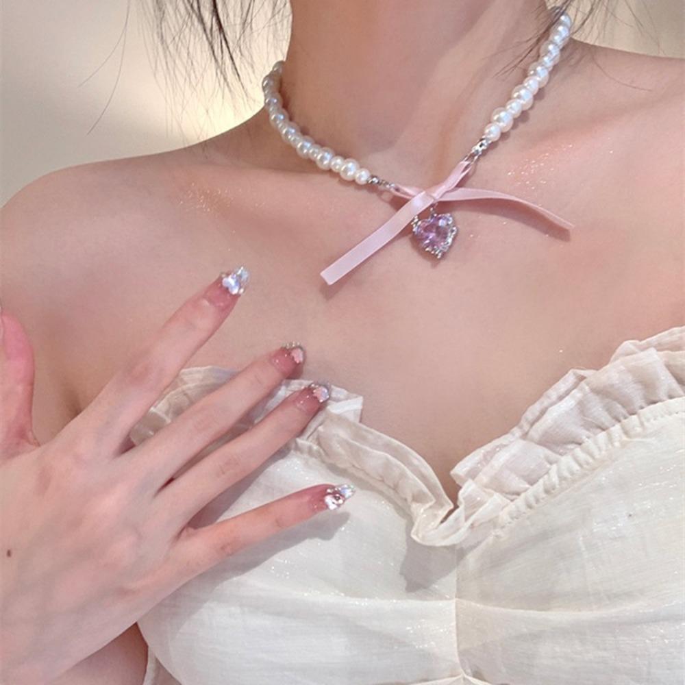 Women Romantic Pink Heart Bow Pearl Necklace Girl Sweet Collar Choker Clavicle Chain Party Jewelry