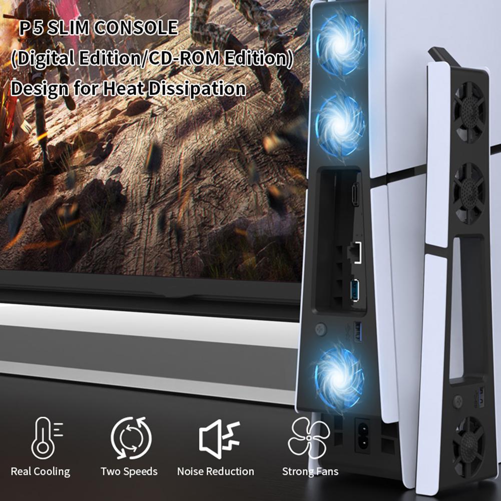 Quiet Cooler Fan for PS5 Slim Console with Adjustable Speed Silent Enhanced Cooling Fan with LED Lights for Playstation 5 Slim