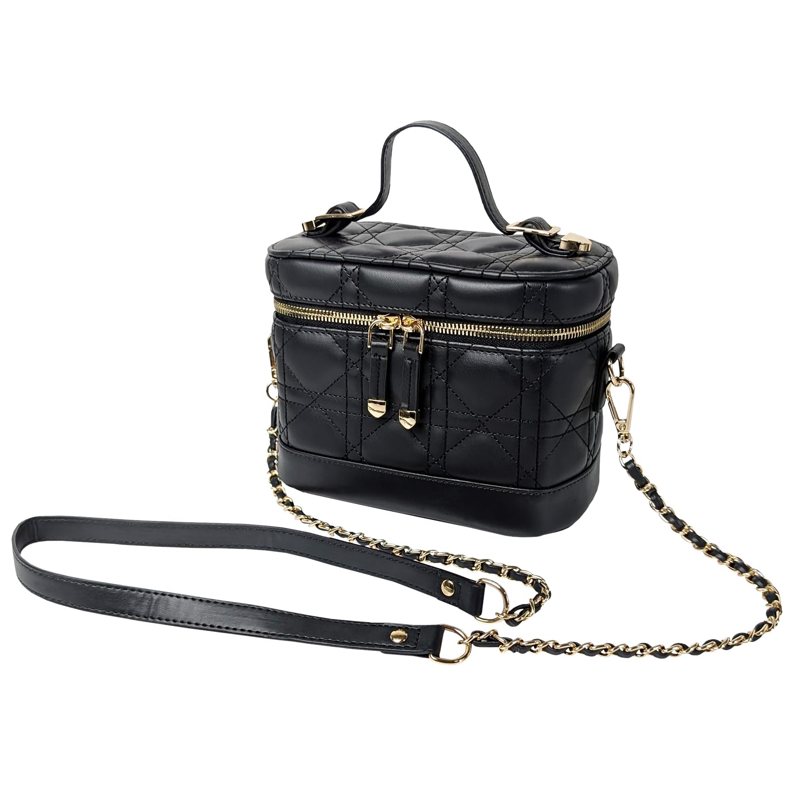 

Crossmarberry Vanity Quilted Shoulder Stylish Makeup Pouch with Makeup Black Bag, Bag, Black, Cosmetic/Makeup Bag, Chain, Lightweight, Portable, чёрный