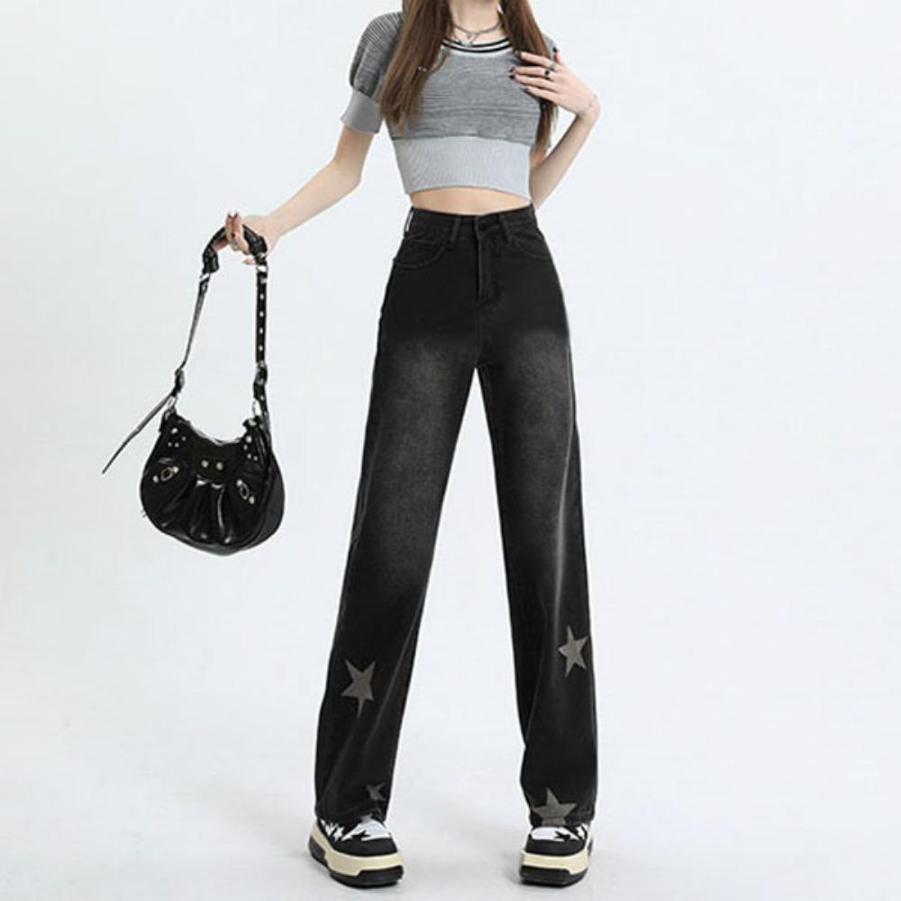

Нишевый дизайнерский сенс звезда джинсы женские с высокой посадкой свободные ретро тонкие маленькие моппинг широкие брюки XS чёрный