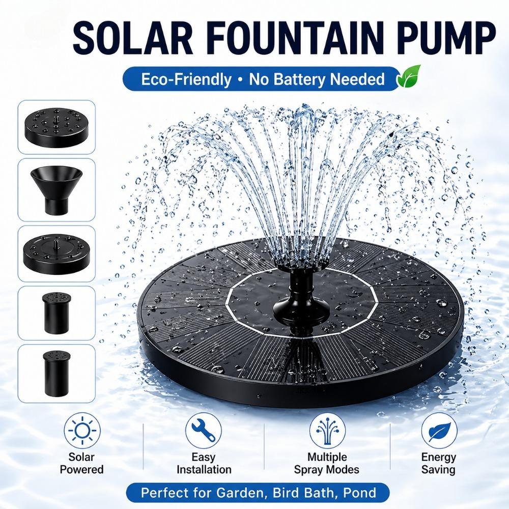 Solar Fountain Pump with 6 Nozzles Outdoor Water Fountain for Bird Bath Garden Pond Pool Aquarium Decoration
