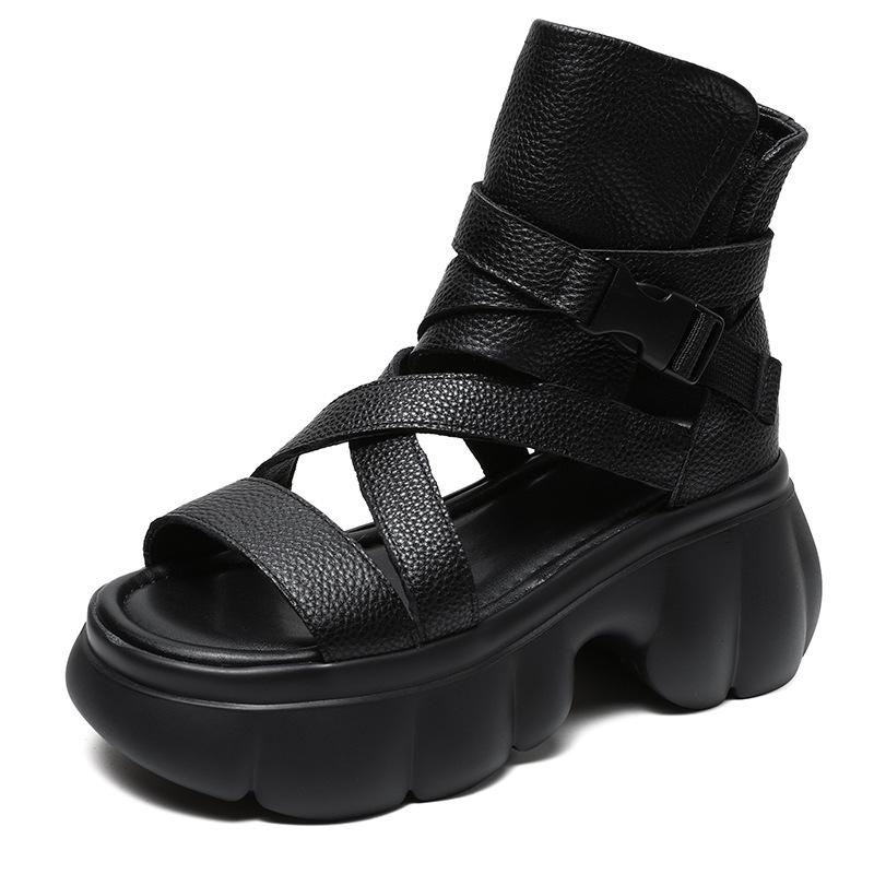 Johnature Roman Style Thick Sole Sandals Women's Shoes Genuine Leather Peep Toe Thick Heel Platform Sandals