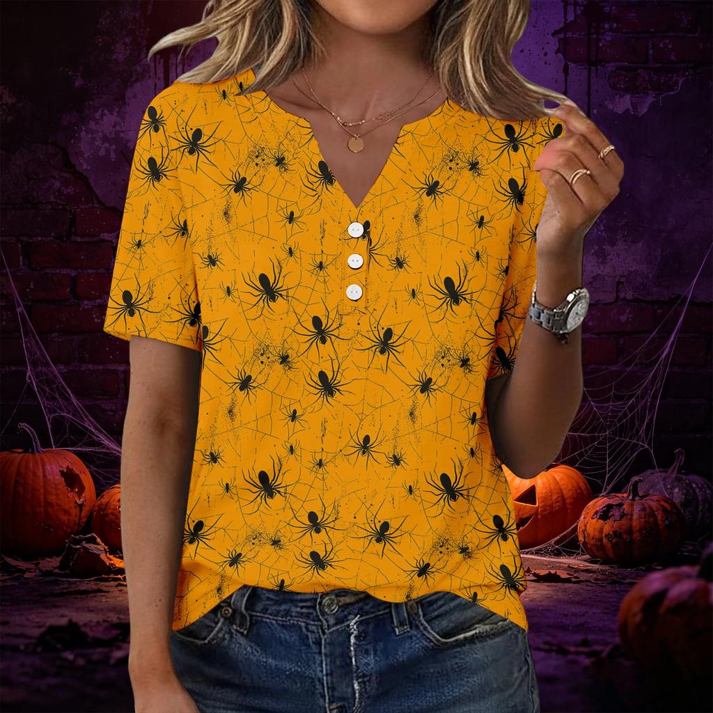 Women's Casual Halloween Print V Neck Short Sleeve Button Decor T Shirt Top Lightweight Comfortable Fit for Everyday Wear