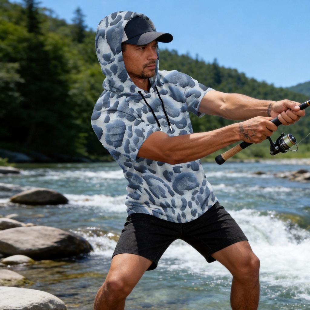 Men's Leopard Print Raglan Hoodie, Short Sleeve Casual Fishing Top, Breathable Outdoor Sports T-Shirt