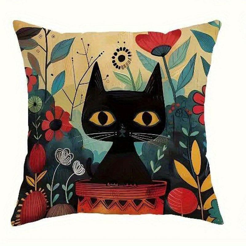 Vintage Schwarze Katze und Blume Kissenbezug Mittelalterliches Abstraktes Design Tägliche Heim Sofa Dekoration Kissenbezug