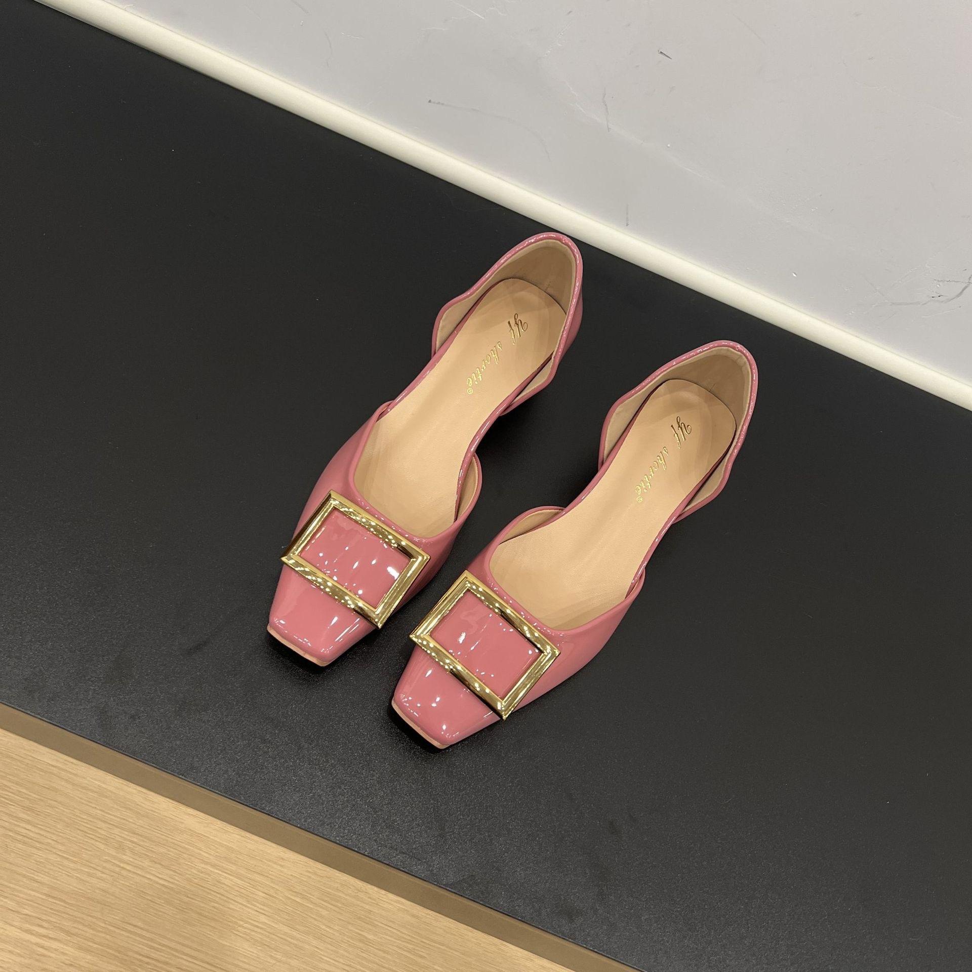 

Sheepskin shallow mouth single shoes women s summer leather metal square buckle French temperament hollow sandals women s square head flats 40