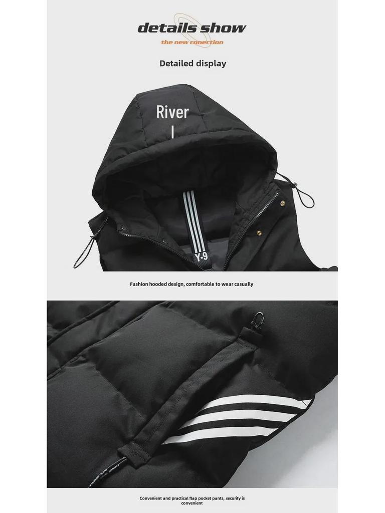 Pánská zimní vesta s kapucí slim fit - Velká velikost, mladistvý styl, všestranná vesta s designem tří pruhů.