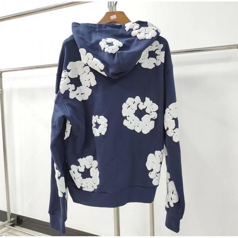Sweat à capuche tendance Streetwear Homme Denim Premium Tears Ligne Principale Fleur de Coton
