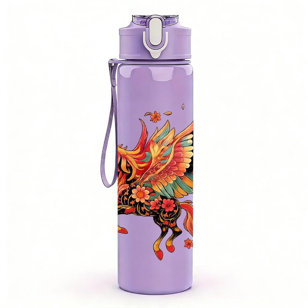 1PC Colorful Phoenix Bird Print 750ml Color Plastic Sports Water Bottle Leakproof Flip Straw Lid Suitable for Sports Office Home Use