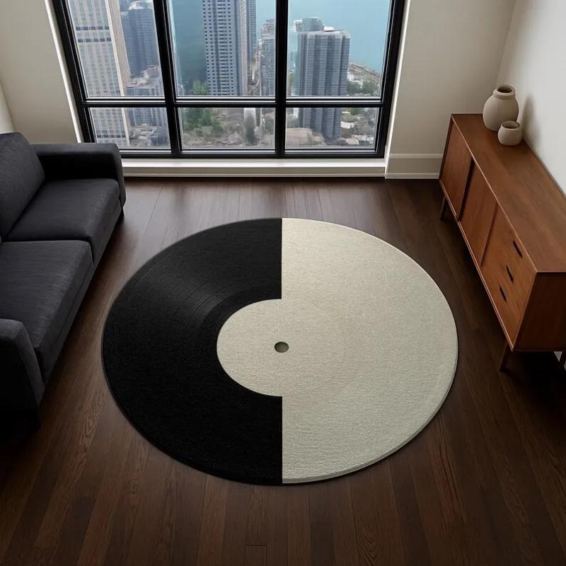 Vinyl Record Round Rug, Music Themed Black White Carpet, Soft Non-Slip Decor Mat for Living Room Bedroom