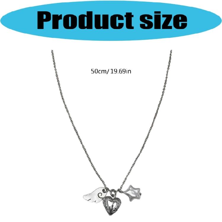 Statement Charm Necklace, Heart Star Angel Wing Pendant Design On 50cm Alloy Collarbone Chain for Everyday Styling and Gift Giving