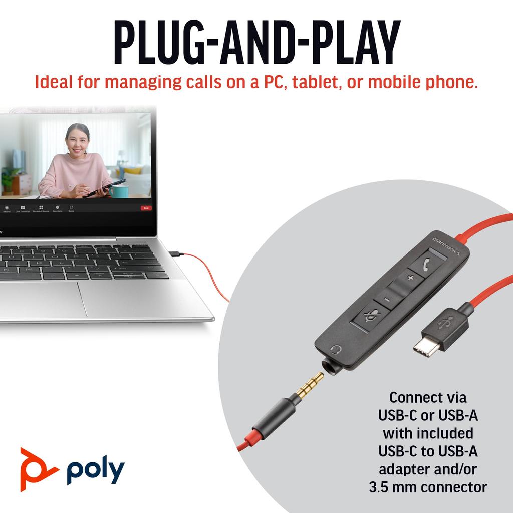 Poly Blackwire 3225 Wired Headset Noise with for Web Conferencing Plantronics Polycom 8G0X1AA (USB-C & 3.5mm Connection, Cancelling, Microphone,