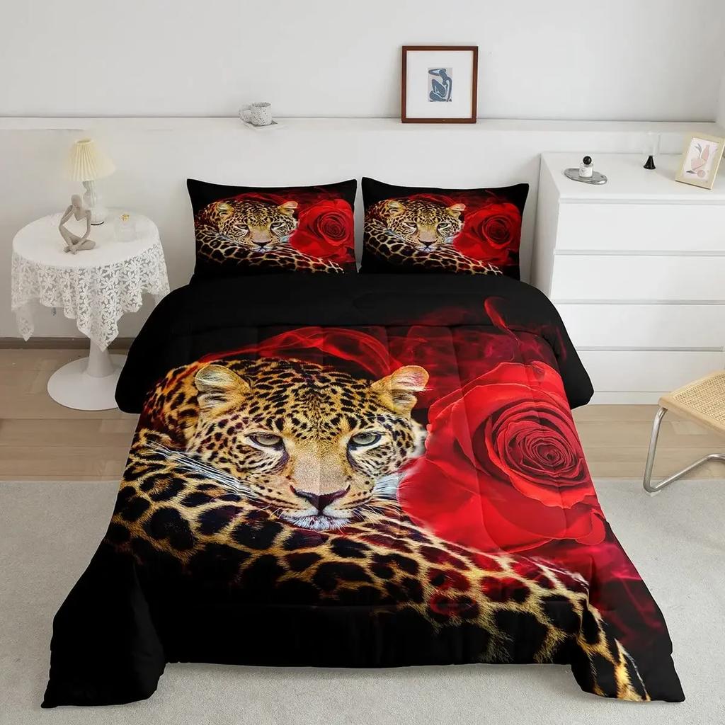Leopard Comforter Cover King Queen Full Cheetah Bedding Set African Savanna Animal Duvet Cover Rose Flower Polyester Quilt Cover
