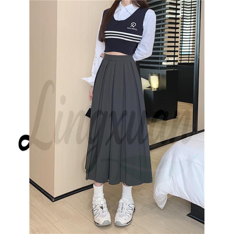 

Chic Plus Size Mid-Length A-Line Pleated Skirt - Age-Reducing, Solid Color for Early Autumn and Summer 4XL Plus сірий колір
