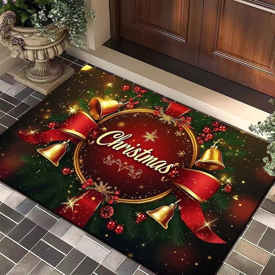 Christmas Themed Door Mat With Festive Patterns Like Candies Christmas Trees Balls Bells Non Slip Welcome Entrance Rug