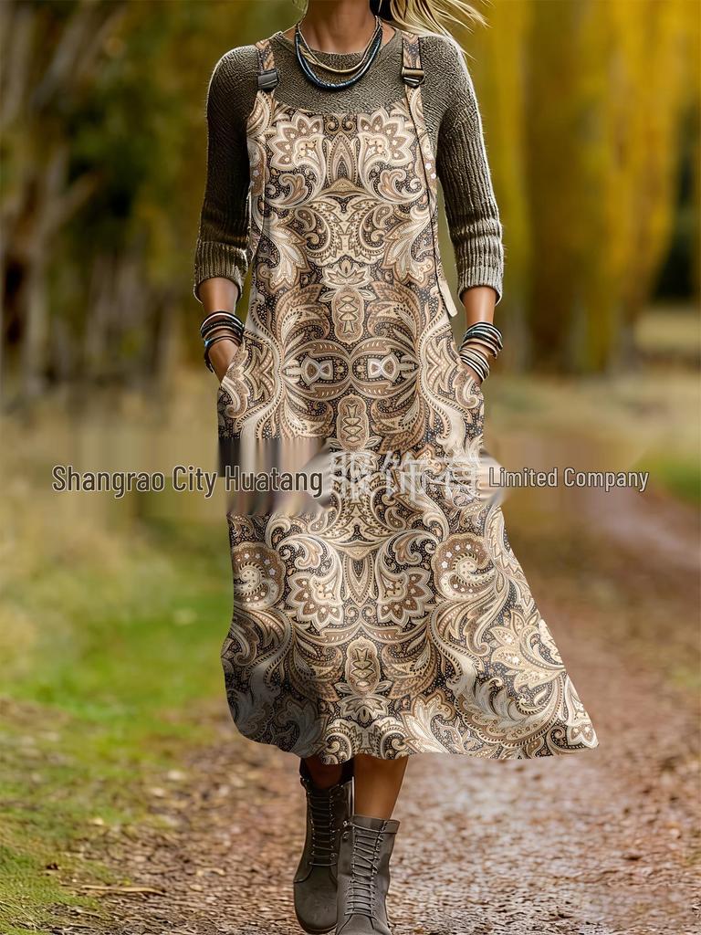 2026 Spring Women's Retro Ethnic 3D Print Dress
