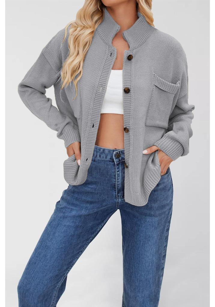 Women's Plus Size Solid Color Knitwear Cardigan with Stand-up Collar - New 2026 Collection