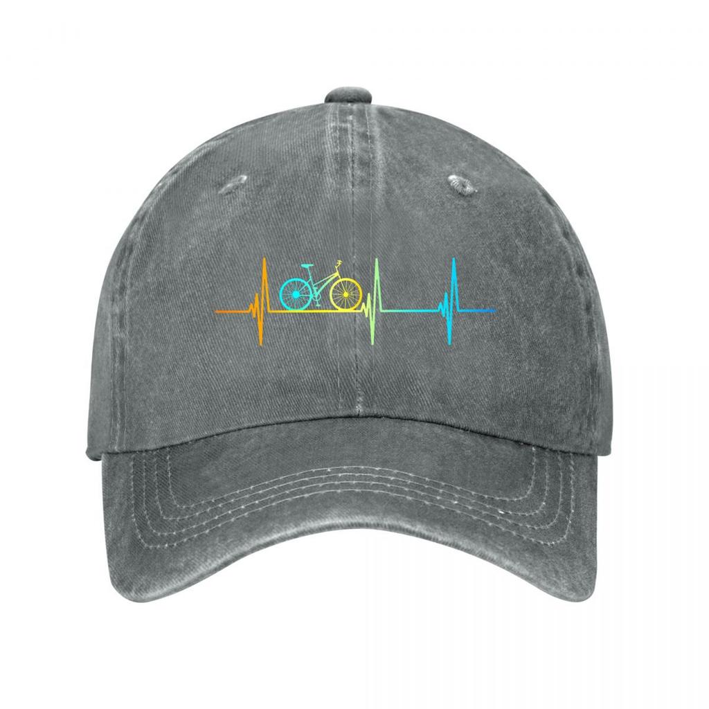 Rainbow Bicycle Heartbeat Line Cycling Graphic Design Washed Baseball Cap Outdoor For Womens Unisex FeUnisex