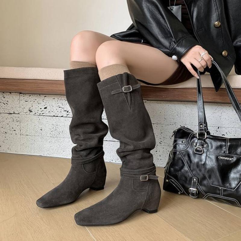 Autumn and winter leather fashion boots solid color versatile square head medium heel large size women's boots new cow fleece slope heel high boots