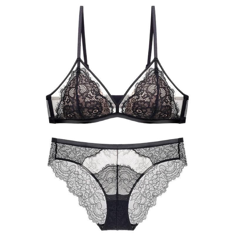 French Triangle Cup Lace Bra & Panty Set: Wire-Free, Sexy Back, Thin Style, Minimizing Large Bust.