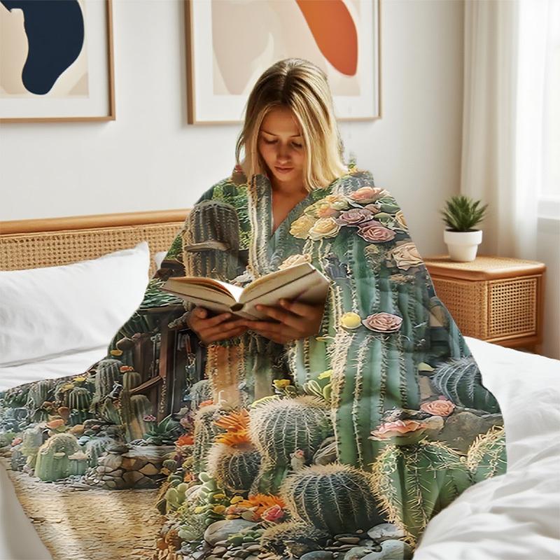 1Pc Cactus Desert Landscape Print Blanket - All-Season Lightweight Indoor/Outdoor Bedspread With Cacti & Succulents Design, Gree