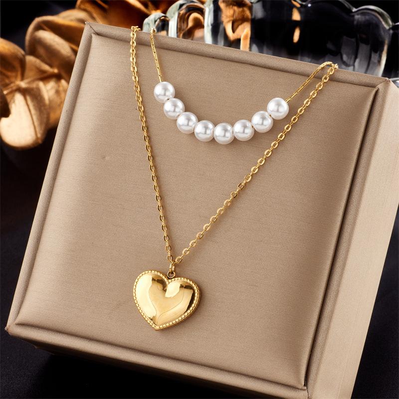 Titanium Steel Layered Pearl Necklace with Heart Pendants one size
