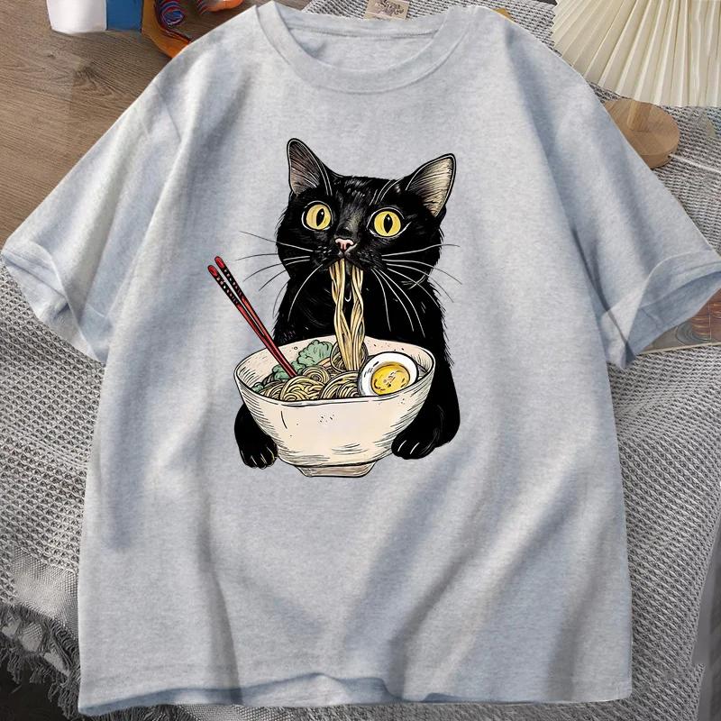 Noodle Ramen Cat T-Shirt Foodie Lover T Shirts Black Cat Noodle T-Shirts Retro Short Sleeve Tshirt for Men Women Clothes