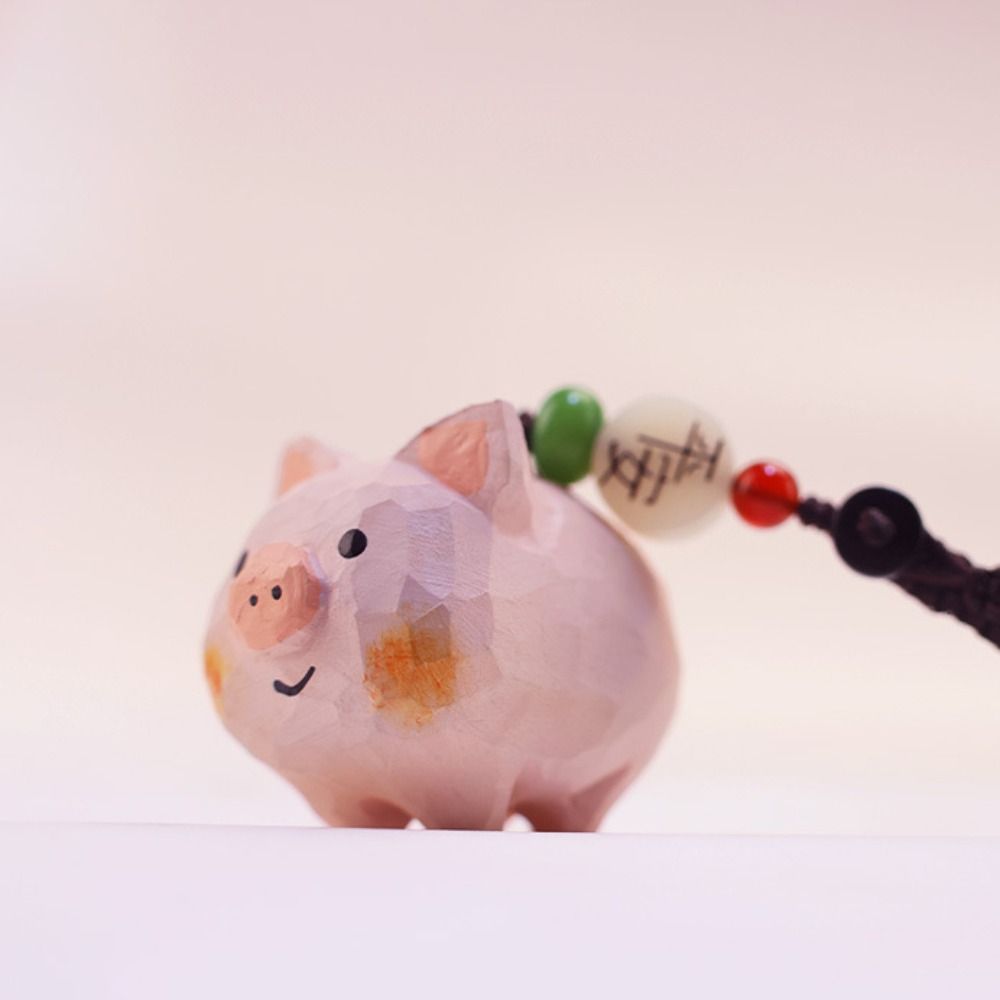 Flower Wooden Pig Keychain Beads Car Keyring Cartoon Carved Pig Dolls Pendant  Students
