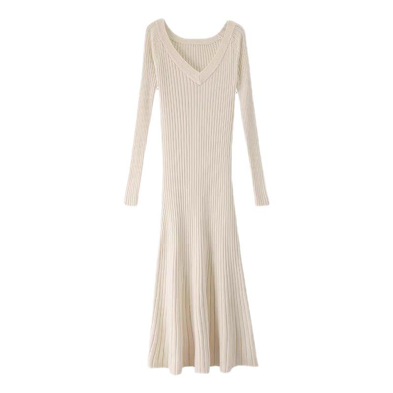 Versatile V-Neck Knitted Knee-Length Slim Dress for Women - Autumn & Winter Collection.