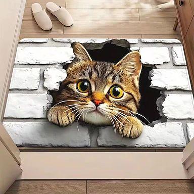 Cute Countryside Cat Printed Doormat Vintage Ethnic Style Cute Hole 2D Printed Carpet Living Room Bedroom Foyer Floor Mat