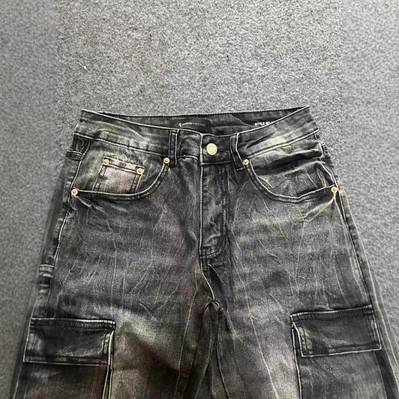 Jeans da uomo in denim elasticizzato nero con dettaglio ricamato, gamba leggermente svasata, vita media, stile casual streetwear