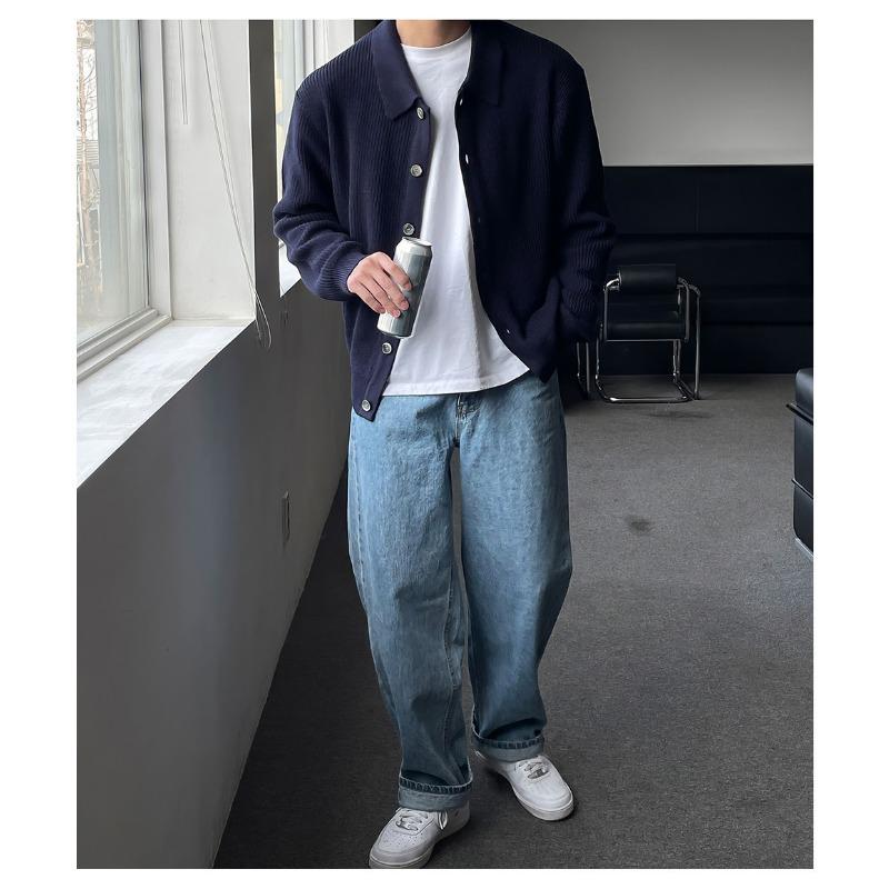 Men Spring Autumn Classic Lapel Knit Cardigan Loose Trendy Versatile Sweater Jacket