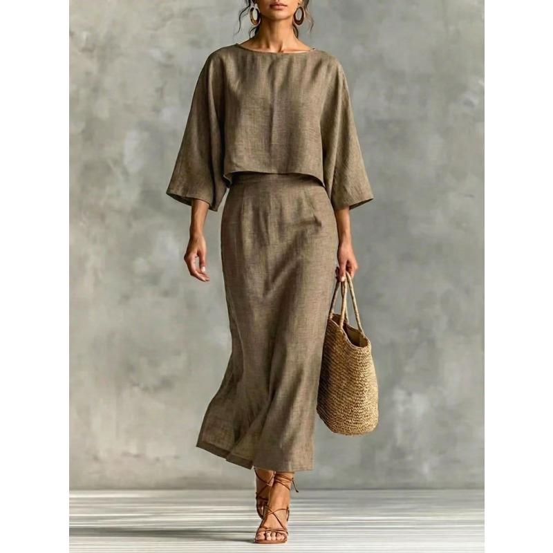 TIFICY Women's Fashion Casual Solid Color Print Summer Spring 3/4 Sleeves O-Neck Skirt Suits