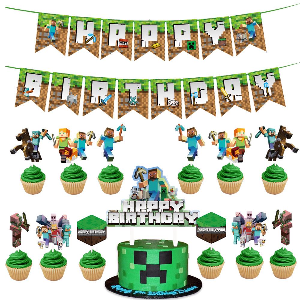 Set Decoratiuni Aniversare Pixel Adventure: Banner, Toppere pentru tort, Baloane