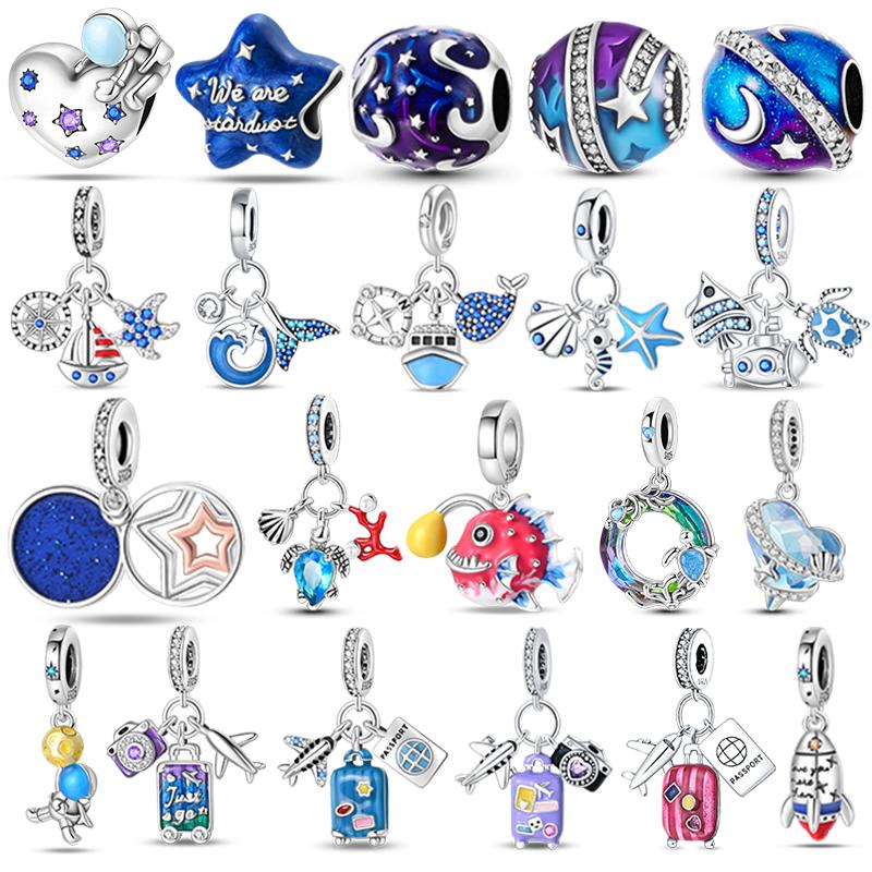 Copper Metal Blue series moon Plane Space series Glass Bead Components Clip Charm Bead Component Compatible With 4MM hole diamete Bracelet High