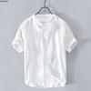Men's Summer Stand Collar Cotton Linen Shirt - White Ice Silk Short Sleeve Polo