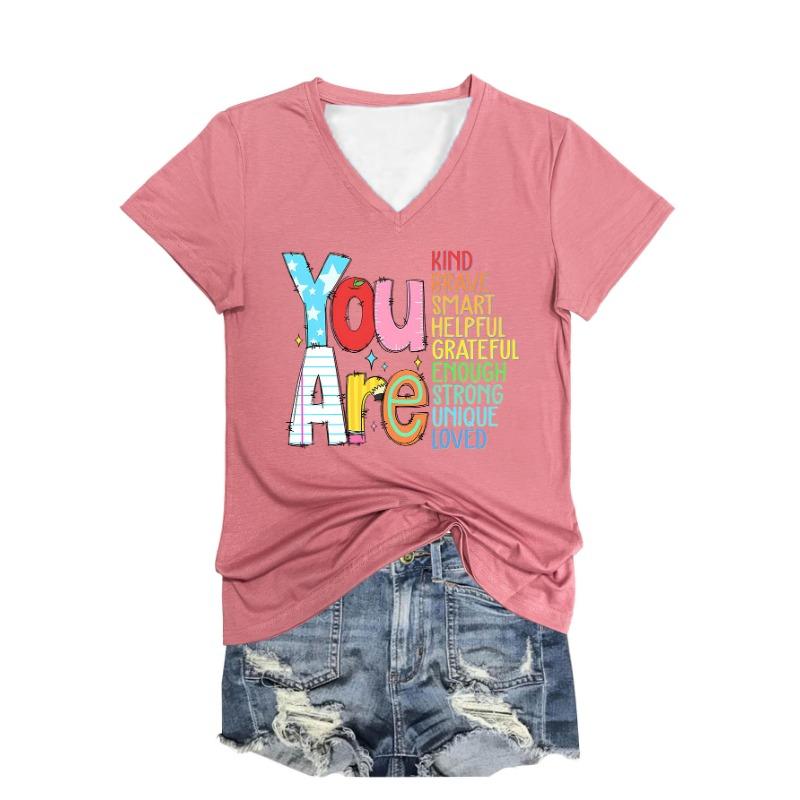 Summer V-neck 3D Letter Printed Top Fashionable Casual Short Sleeved Women's T-shirts