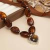 Salircon Vintage Amber Acrylic Round Bead Big Love Heart Pendant Necklace Women Handmade Resin Chain Choker Party Jewelry Gift