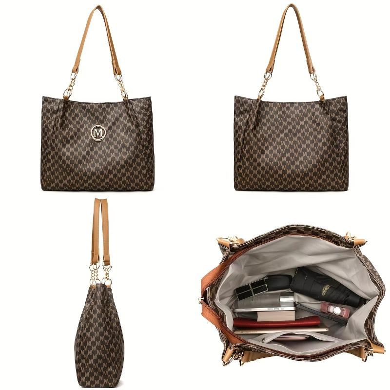 Vintage Geometrisk Tote Bag Syntetisk Lær Bokstavdesign for Kvinner Håndveske Skulderveske Stor Kapasitet Shopping Reiseveske