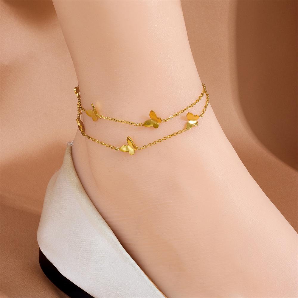 Tide Double-Layer Heart Anklet: 18K Gold-Plated Titanium Steel, Non-fading Fashion Light Luxury for Women