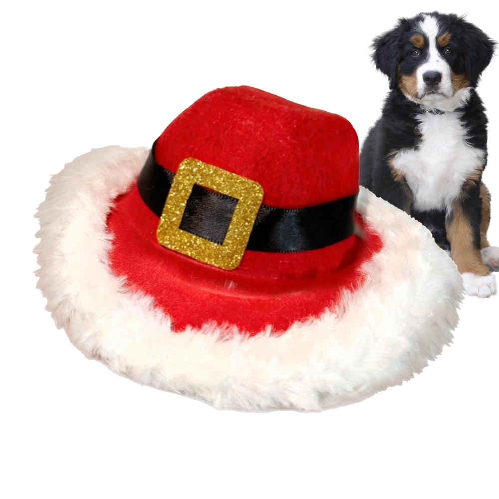 

Dog Cowboy Hat Adjustable Clothes Headwear Costume White Plush Trim Design Dog Winter Hat With Christmas Elements For Birthday